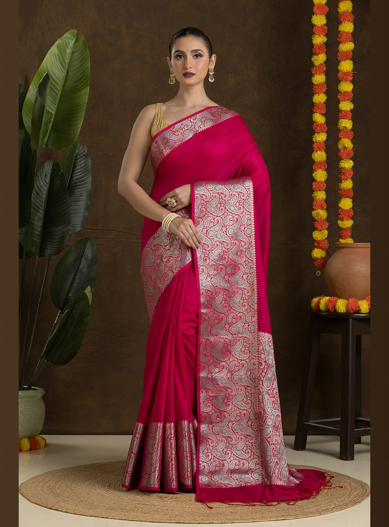 Fuchsia Pink Matka Blended Saree