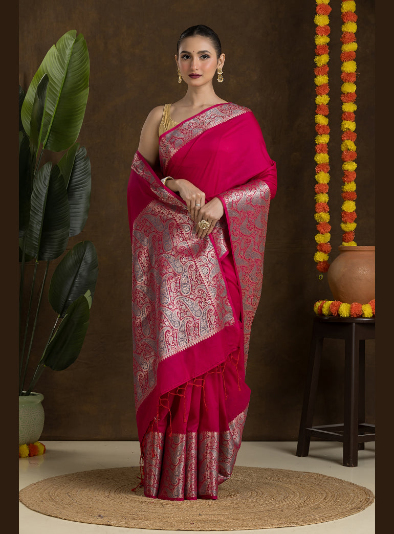 Fuchsia Pink Matka Blended Saree