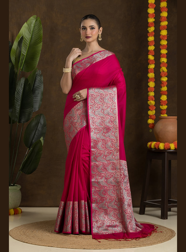Fuchsia Pink Matka Blended Saree