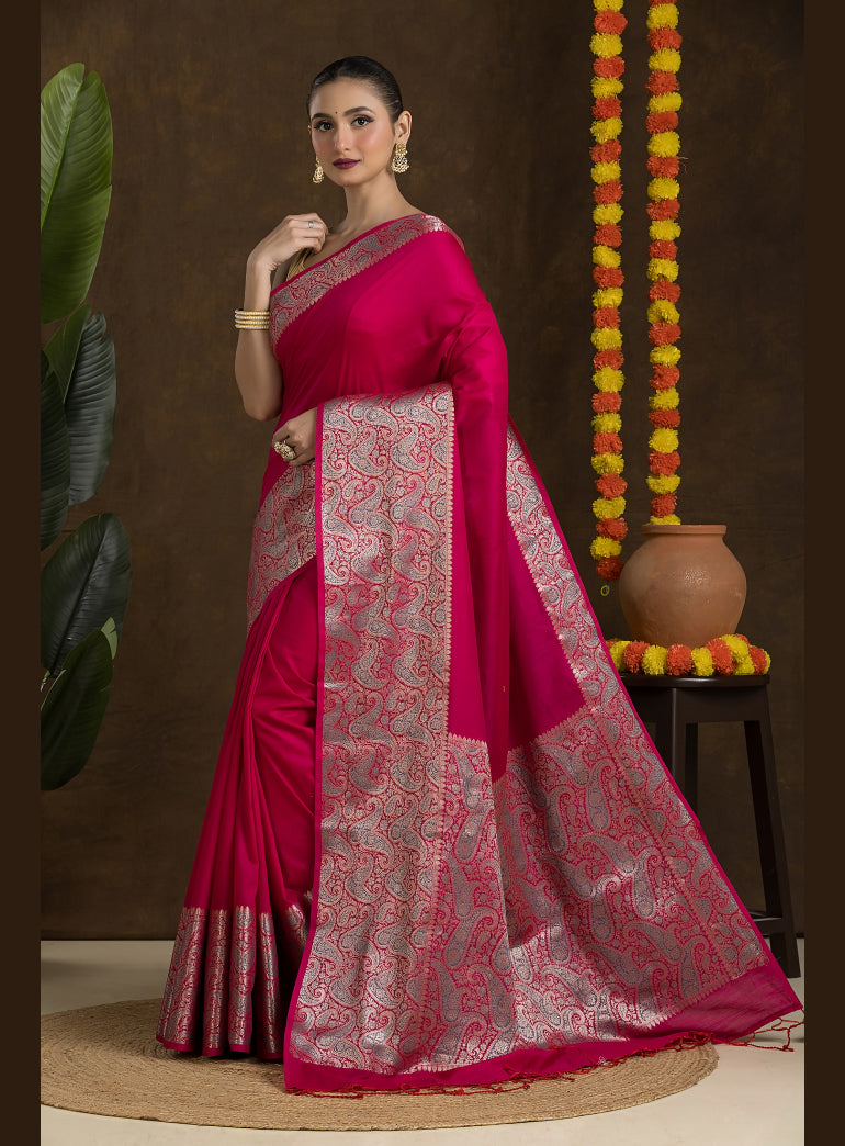 Fuchsia Pink Matka Blended Saree