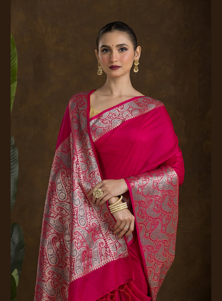 Fuchsia Pink Matka Blended Saree