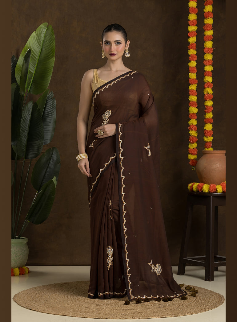 Brown Handloom Mulmul Cotton Saree