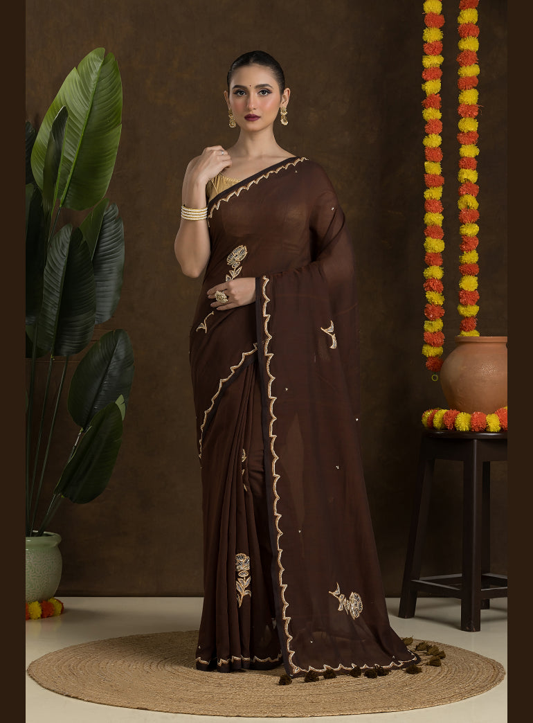 Brown Handloom Mulmul Cotton Saree