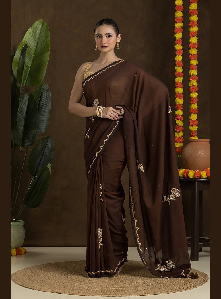 Brown Handloom Mulmul Cotton Saree