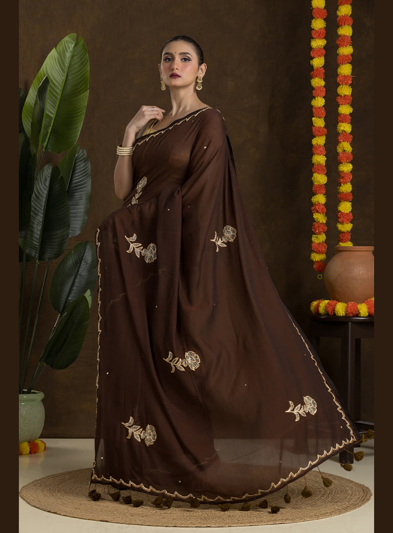 Brown Handloom Mulmul Cotton Saree