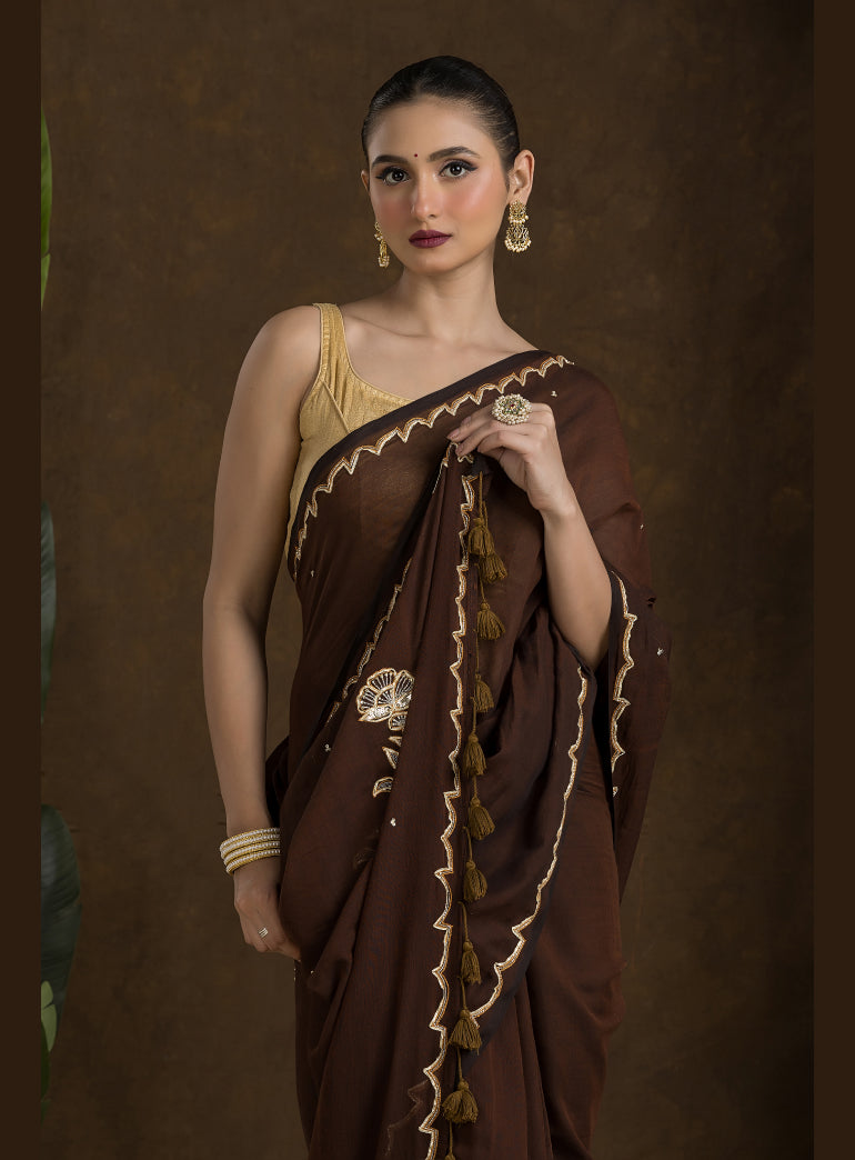 Brown Handloom Mulmul Cotton Saree
