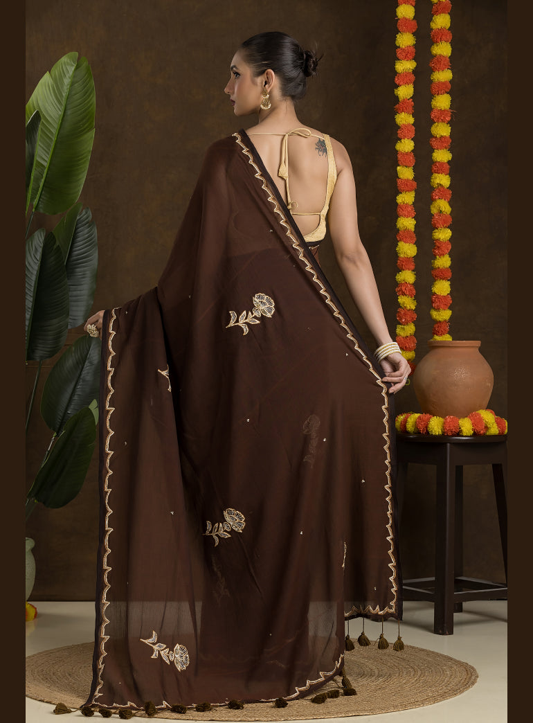 Brown Handloom Mulmul Cotton Saree