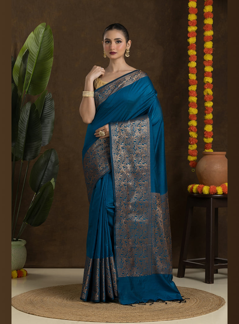 Deep Teal Blue Matka Blended Saree