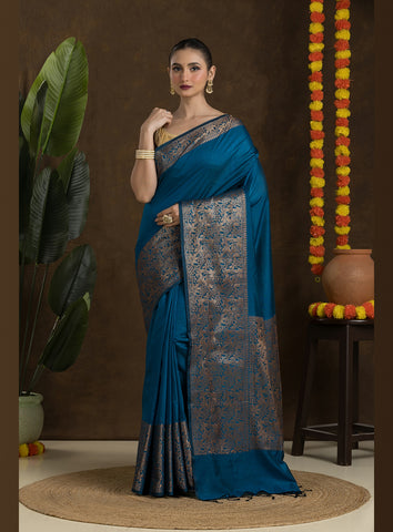 Deep Teal Blue Matka Blended Saree