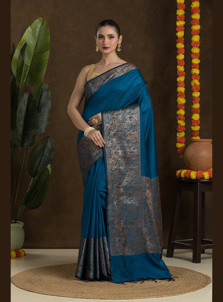Deep Teal Blue Matka Blended Saree