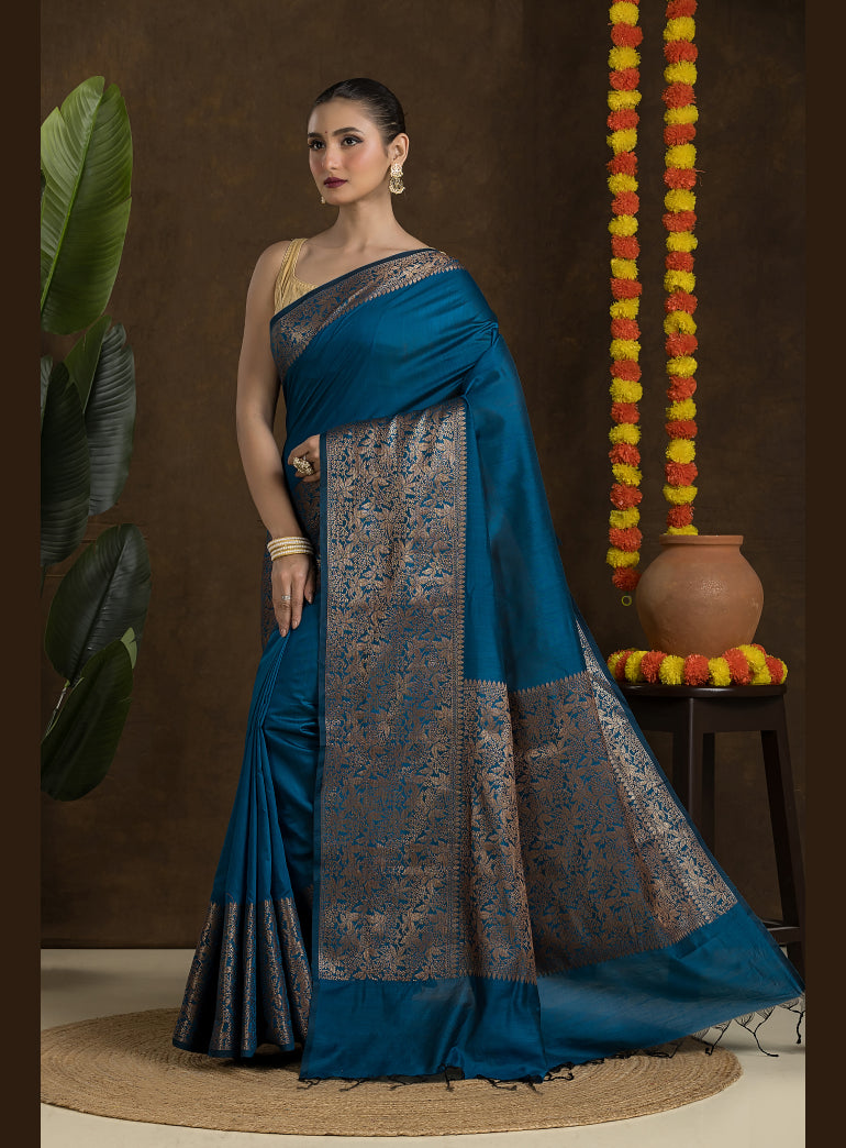 Deep Teal Blue Matka Blended Saree