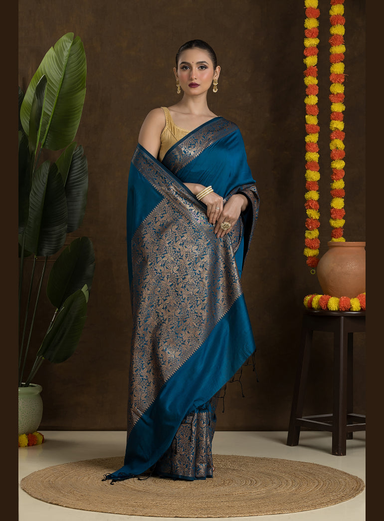 Deep Teal Blue Matka Blended Saree