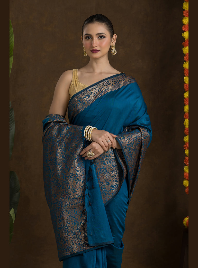 Deep Teal Blue Matka Blended Saree