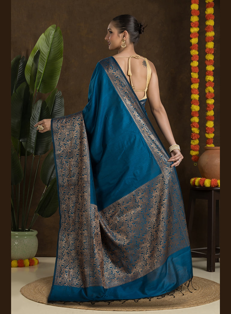 Deep Teal Blue Matka Blended Saree
