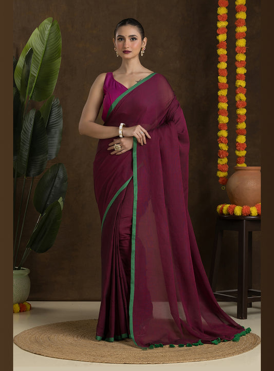 Deep Wine Pure Mulmul Cotton Saree