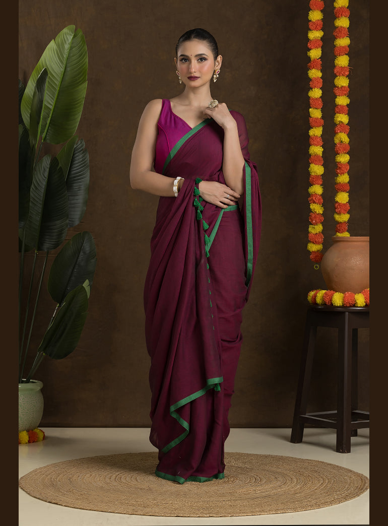 Deep Wine Pure Mulmul Cotton Saree