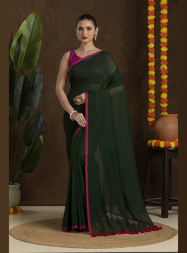 Bottle Green Pure Mulmul Cotton Saree