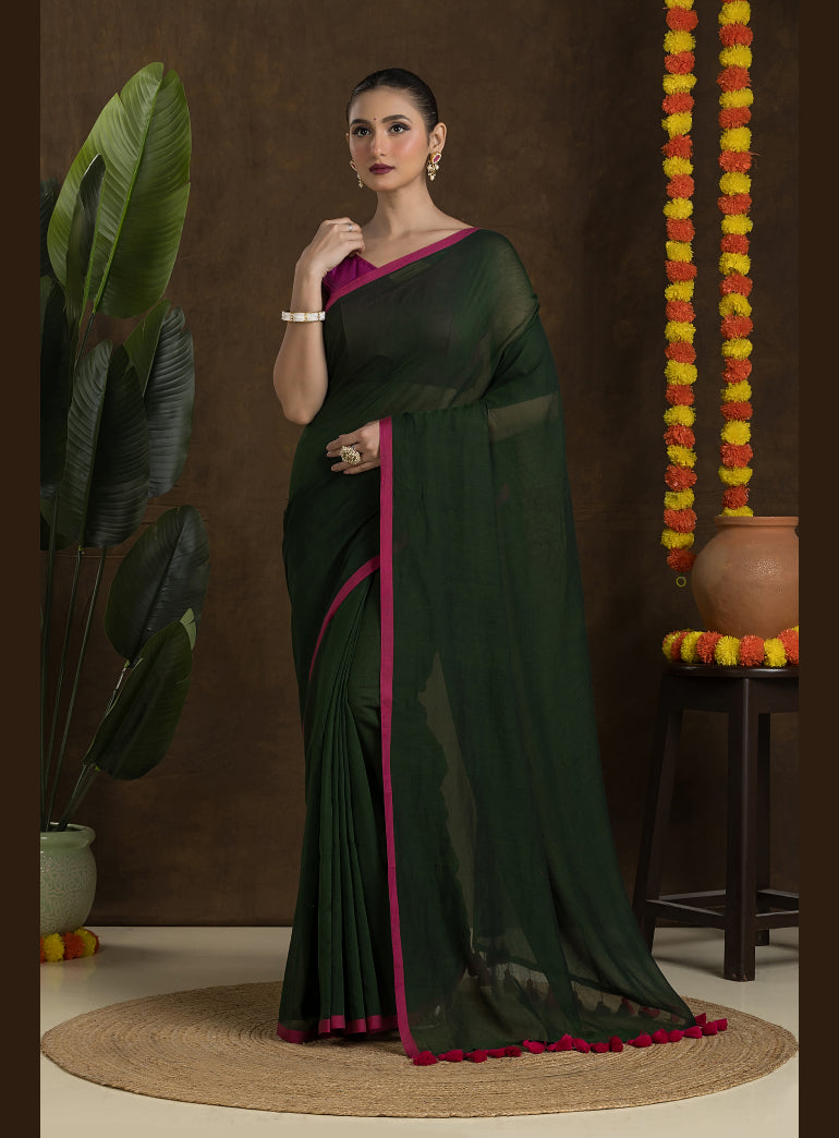 Bottle Green Pure Mulmul Cotton Saree