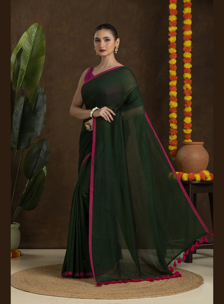 Bottle Green Pure Mulmul Cotton Saree