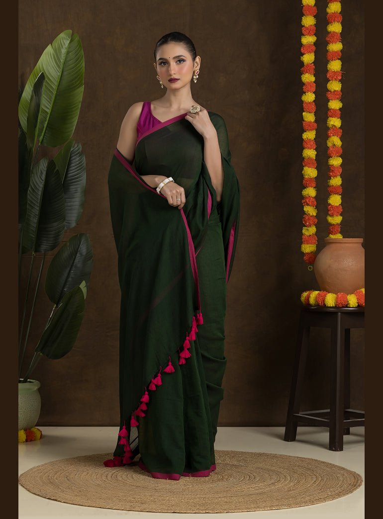 Bottle Green Pure Mulmul Cotton Saree