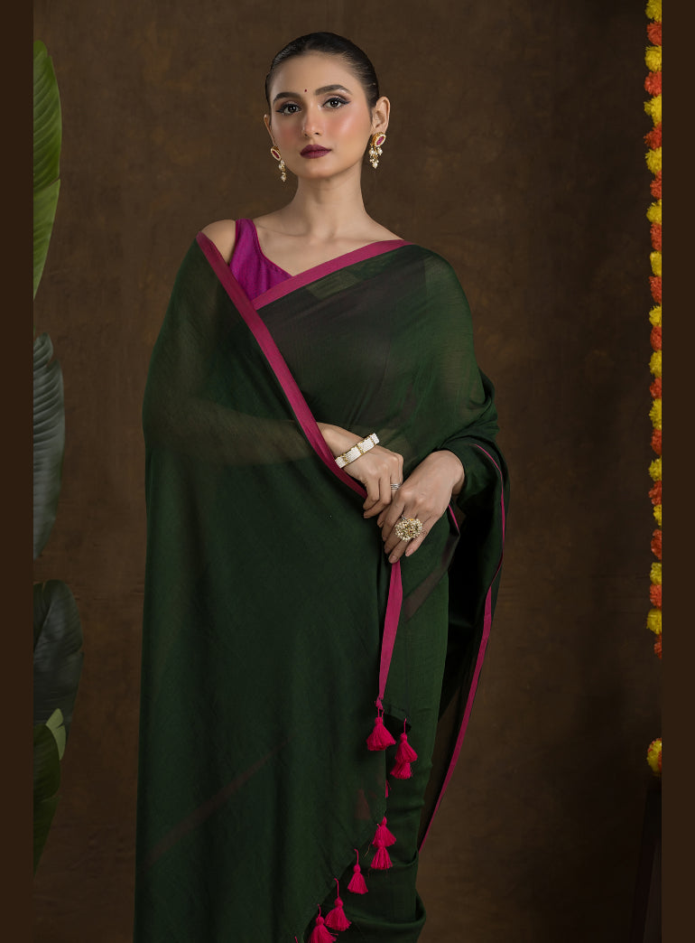 Bottle Green Pure Mulmul Cotton Saree