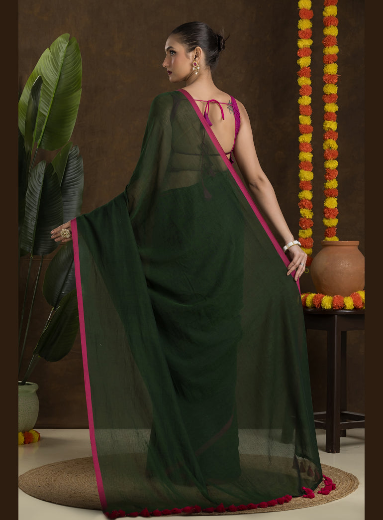 Bottle Green Pure Mulmul Cotton Saree