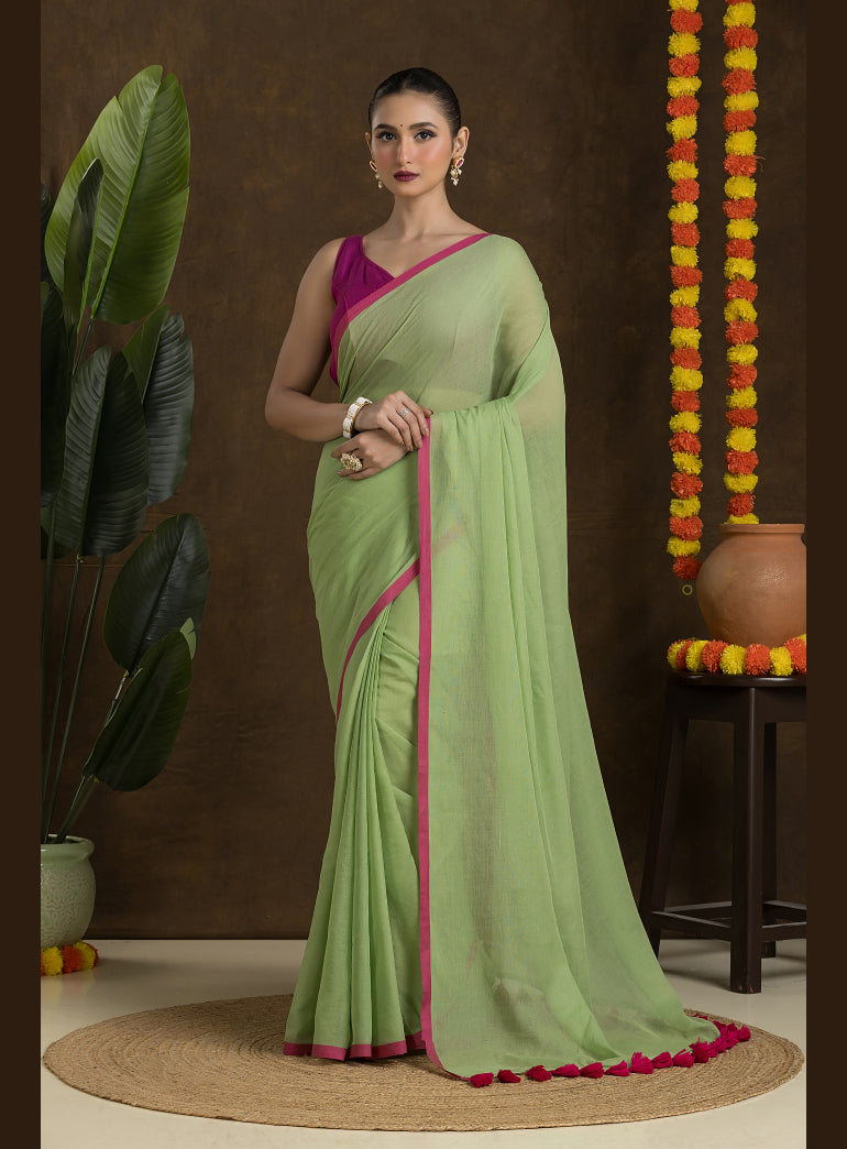 Sage Green Pure Mulmul Cotton Saree