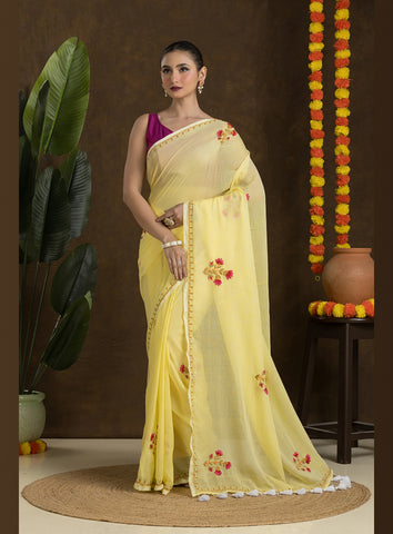 Light Yellow Mulmul Cotton Saree with Embroidery