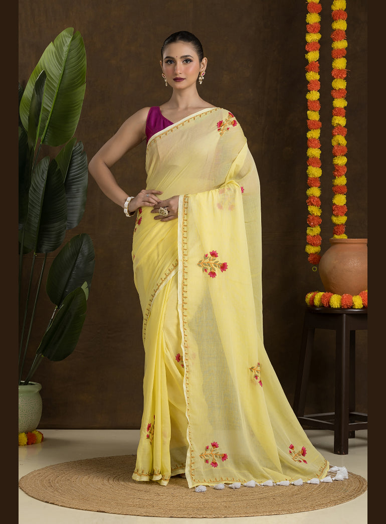 Light Yellow Mulmul Cotton Saree with Embroidery