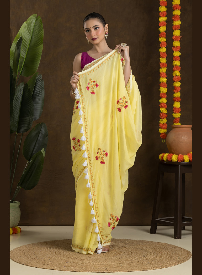 Light Yellow Mulmul Cotton Saree with Embroidery