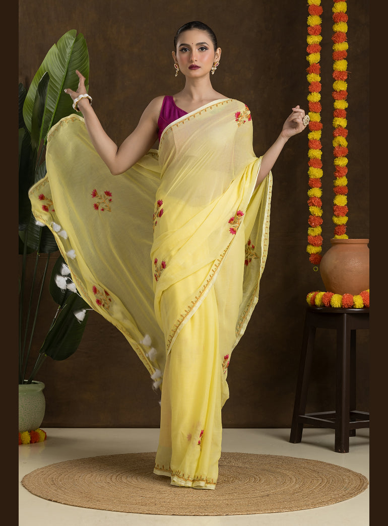 Light Yellow Mulmul Cotton Saree with Embroidery
