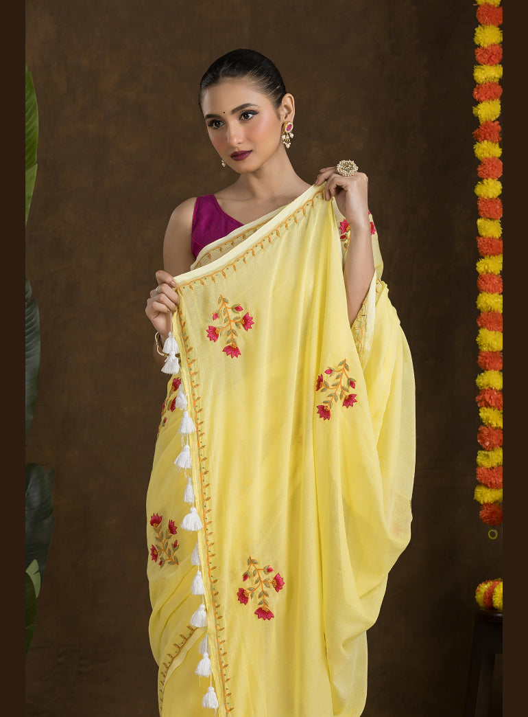 Light Yellow Mulmul Cotton Saree with Embroidery