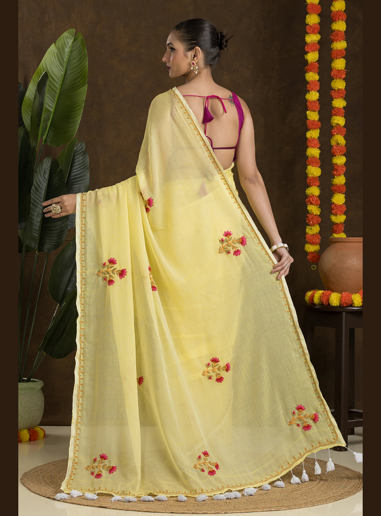 Light Yellow Mulmul Cotton Saree with Embroidery