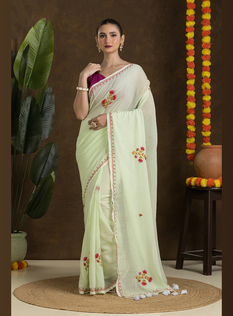 Pastel Green Mulmul Cotton Saree with Hand Embroidery