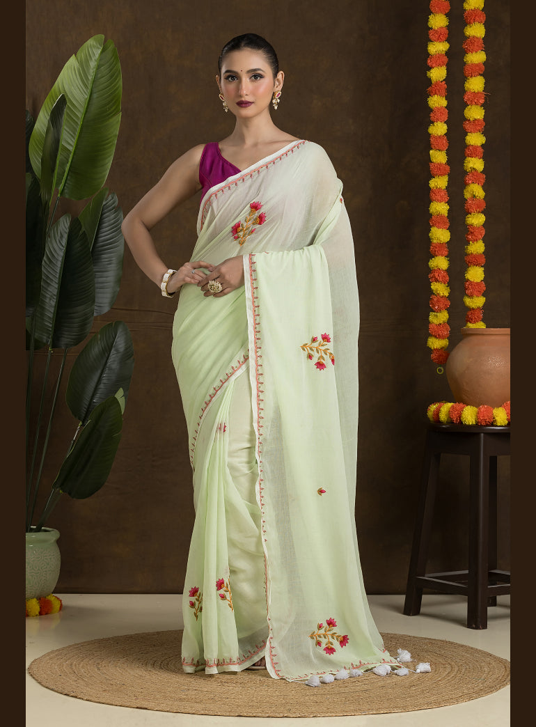 Pastel Green Mulmul Cotton Saree with Hand Embroidery