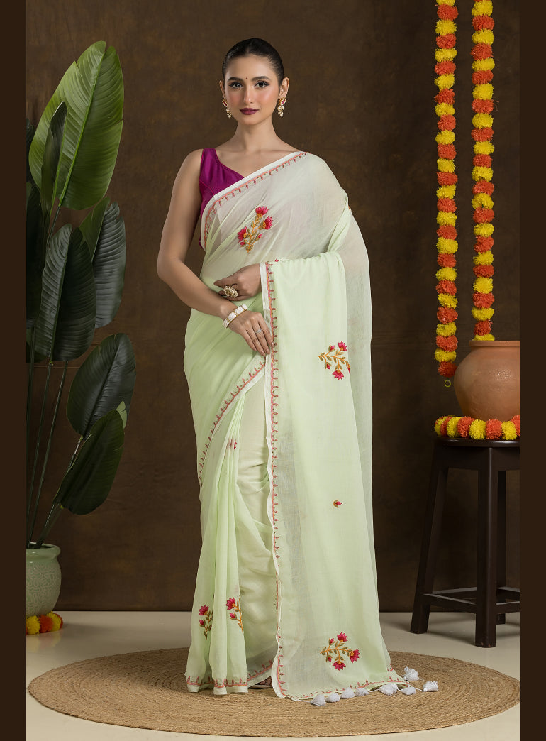 Pastel Green Mulmul Cotton Saree with Hand Embroidery