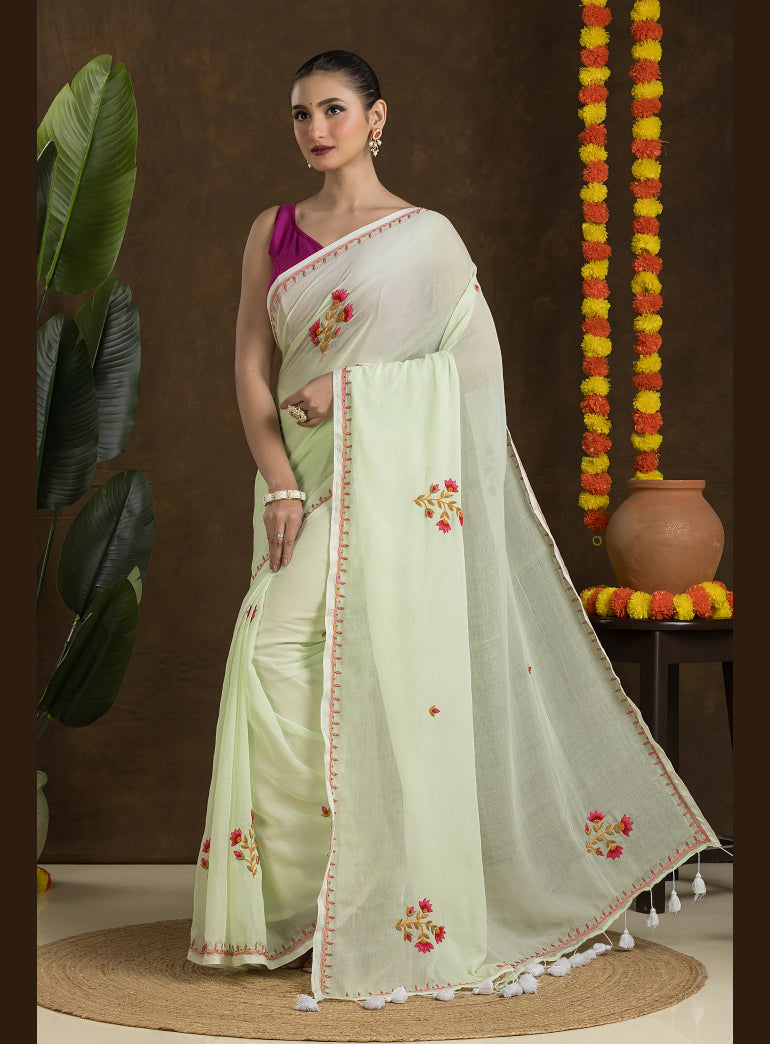 Pastel Green Mulmul Cotton Saree with Hand Embroidery