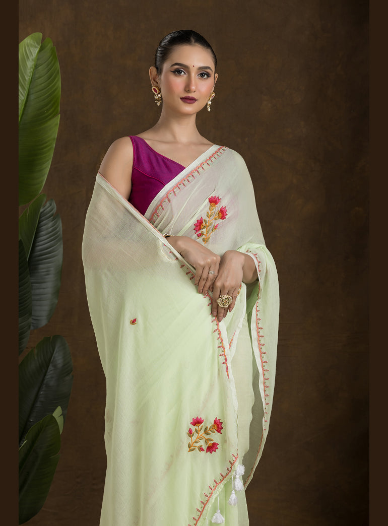Pastel Green Mulmul Cotton Saree with Hand Embroidery