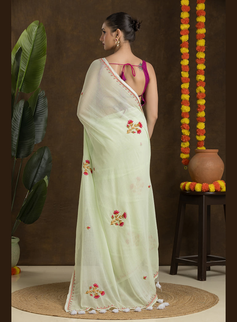 Pastel Green Mulmul Cotton Saree with Hand Embroidery