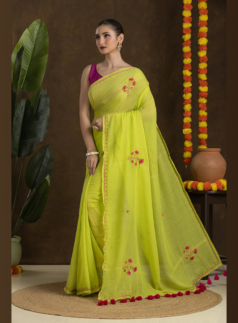 Lime Green Handloom Mulmul Cotton Saree with Hand Embroidery