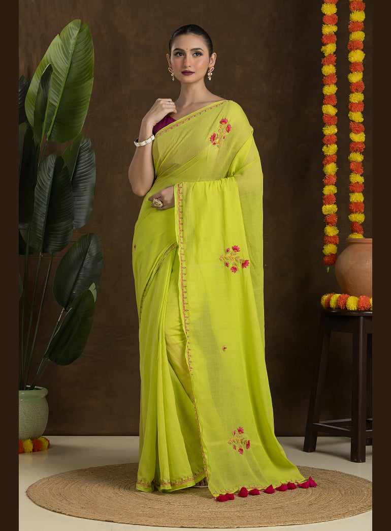 Lime Green Handloom Mulmul Cotton Saree with Hand Embroidery