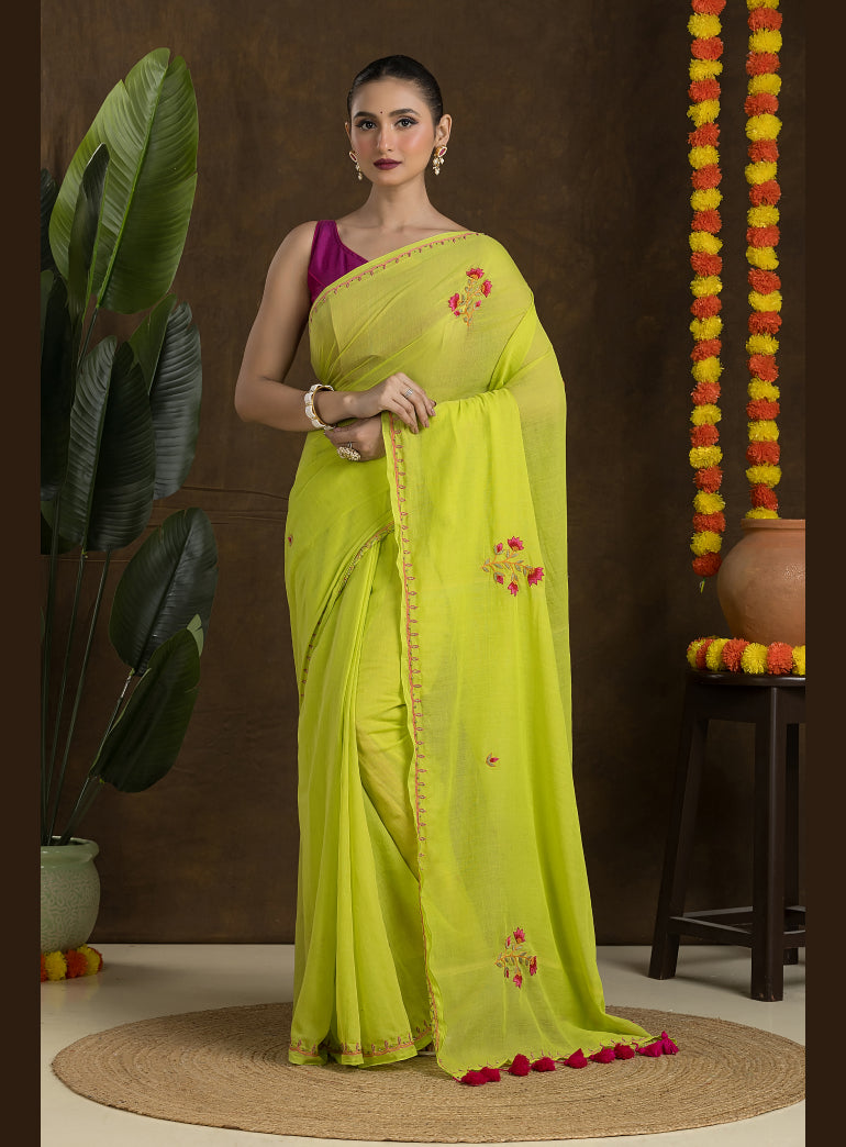 Lime Green Handloom Mulmul Cotton Saree with Hand Embroidery