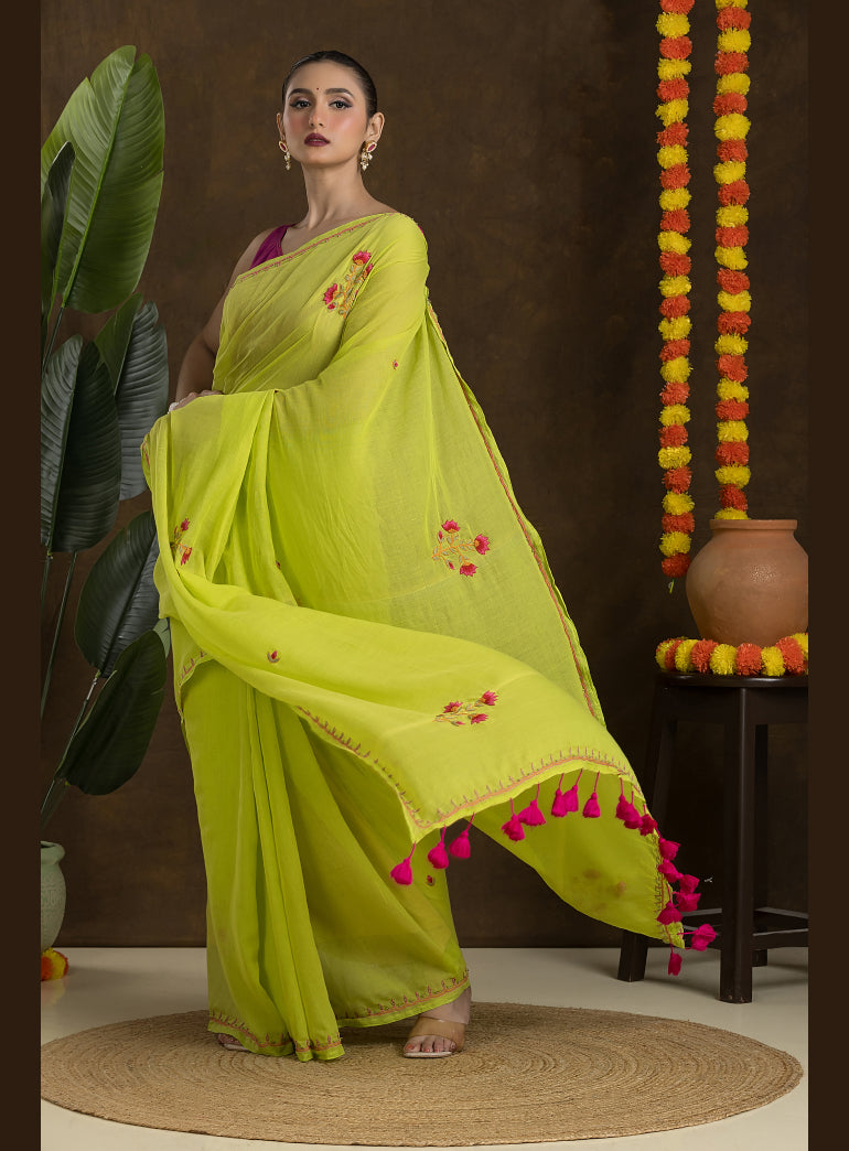 Lime Green Handloom Mulmul Cotton Saree with Hand Embroidery