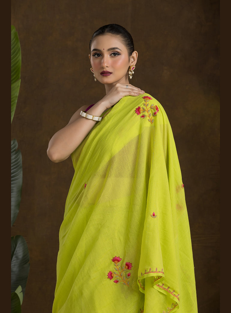Lime Green Handloom Mulmul Cotton Saree with Hand Embroidery