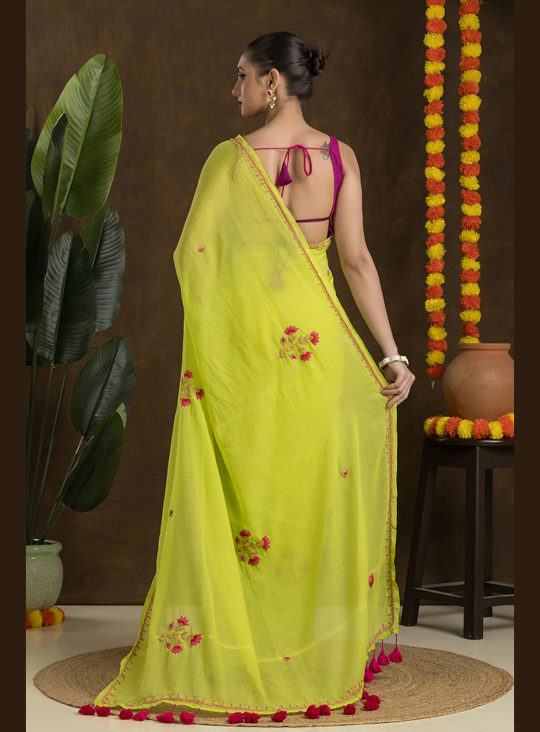 Lime Green Handloom Mulmul Cotton Saree with Hand Embroidery