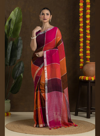 Multicolor Checkered Linen Saree with Silver Zari