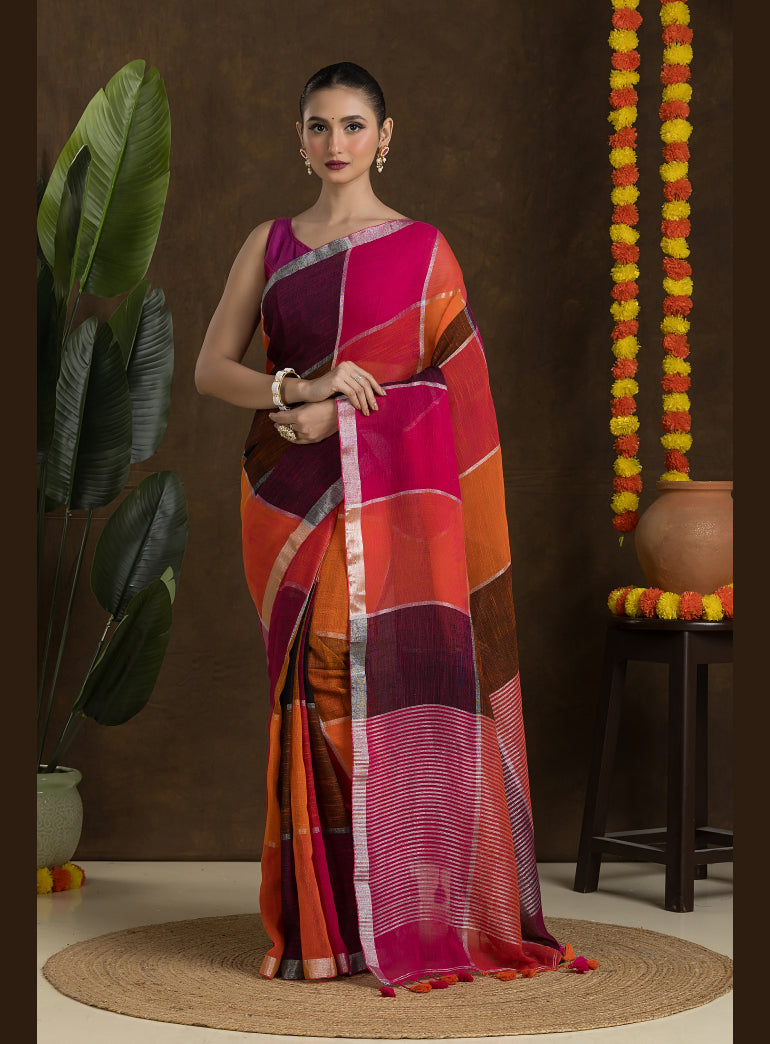 Multicolor Checkered Linen Saree with Silver Zari