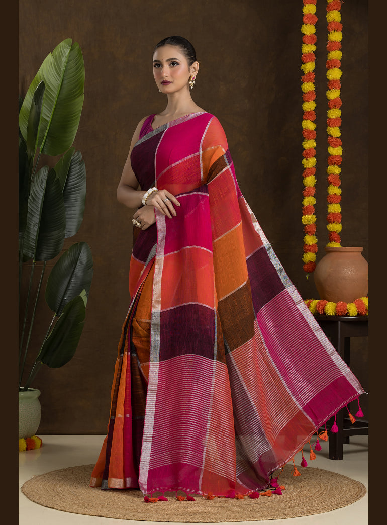 Multicolor Checkered Linen Saree with Silver Zari