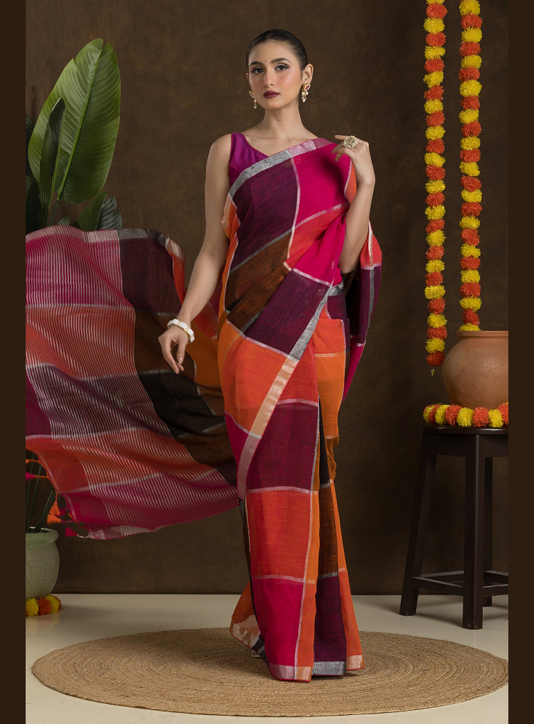 Multicolor Checkered Linen Saree with Silver Zari