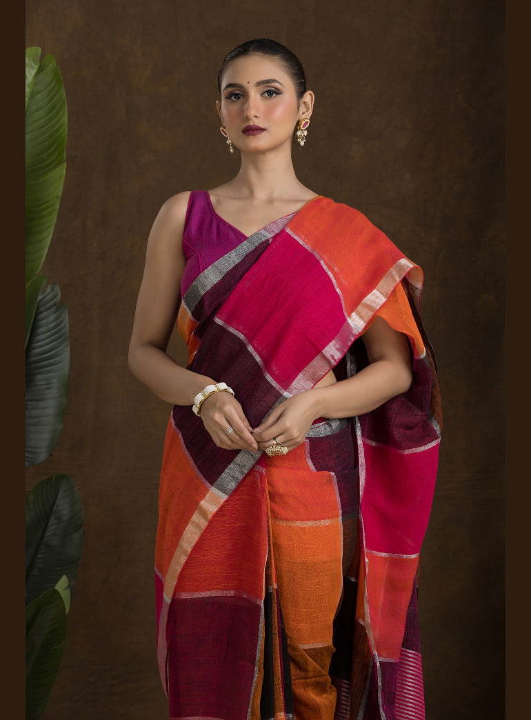 Multicolor Checkered Linen Saree with Silver Zari